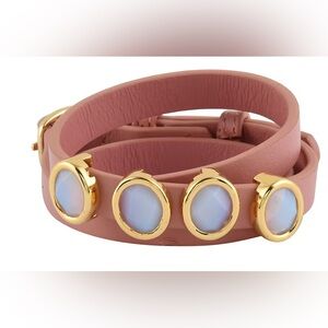 ✨White Chalcedony Pink Leather Wrap Bracelet Goldtone Adjustable